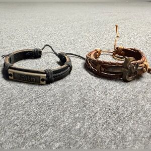 Bundle of 2 Black and Brown Leather Bracelets Set
